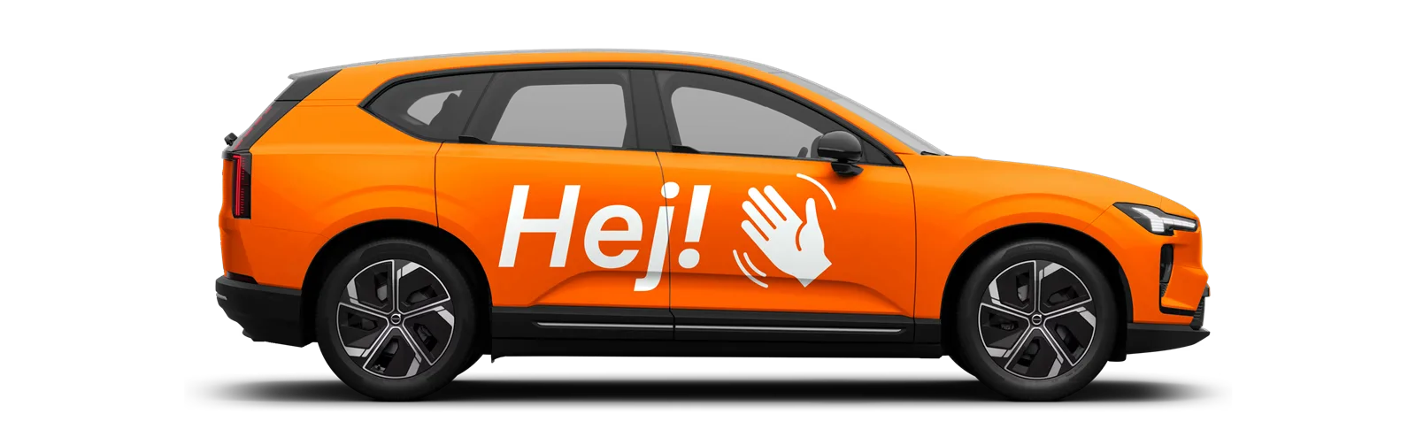 Oranger Volvo EX60 in Seitenansicht mit „Hej!“